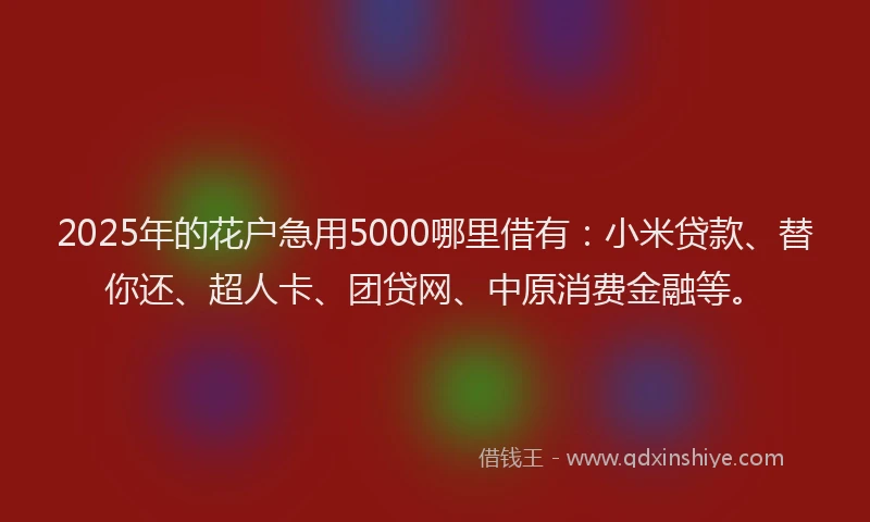 2025年的花户急用5000哪里借有：小米贷款、替你还、超人卡、团贷网、中原消费金融等。