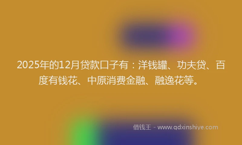 2025年的12月贷款口子有：洋钱罐、功夫贷、百度有钱花、中原消费金融、融逸花等。