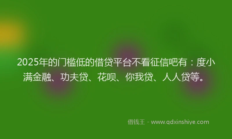 2025年的门槛低的借贷平台不看征信吧有：度小满金融、功夫贷、花呗、你我贷、人人贷等。