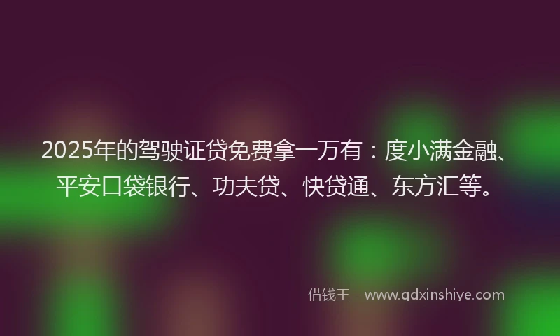 2025年的驾驶证贷免费拿一万有：度小满金融、平安口袋银行、功夫贷、快贷通、东方汇等。