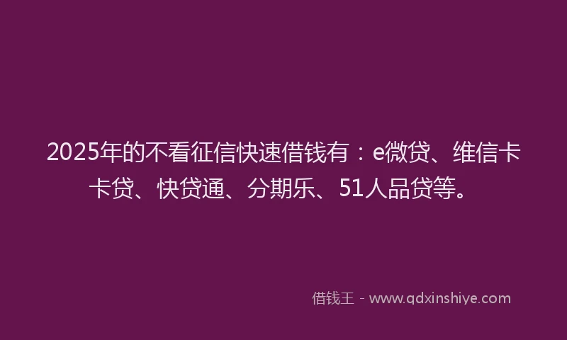 2025年的不看征信快速借钱有：e微贷、维信卡卡贷、快贷通、分期乐、51人品贷等。