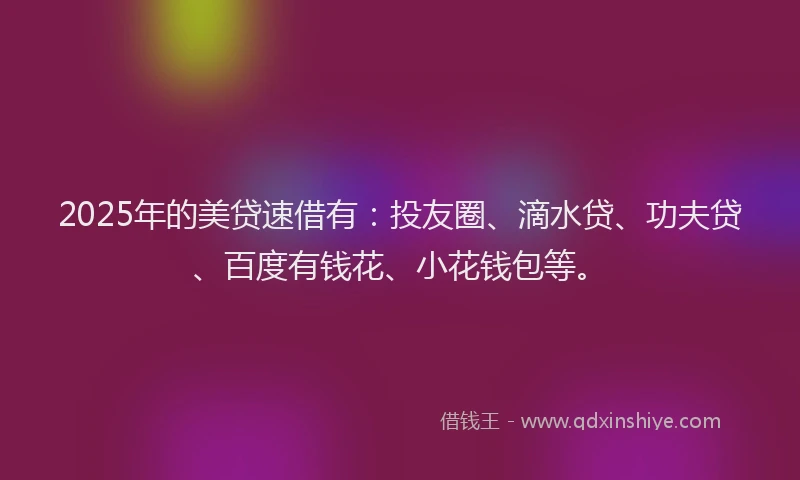 2025年的美贷速借有：投友圈、滴水贷、功夫贷、百度有钱花、小花钱包等。