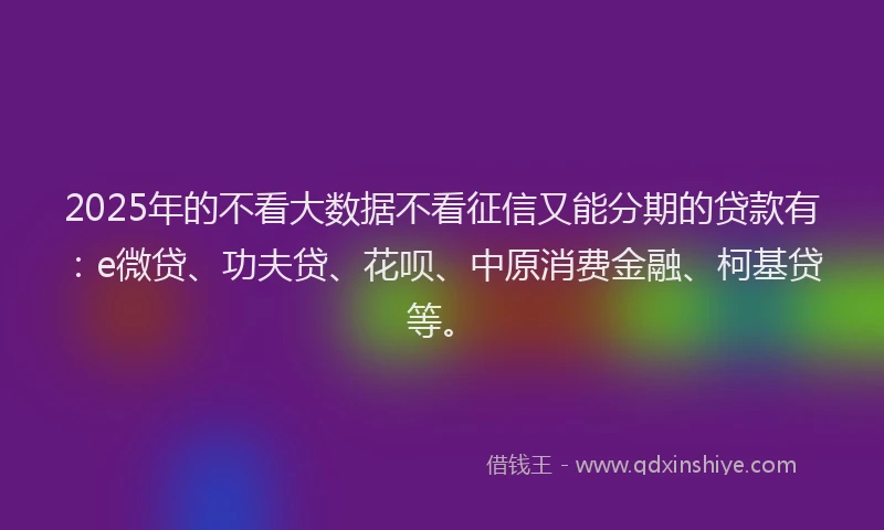 2025年的不看大数据不看征信又能分期的贷款有：e微贷、功夫贷、花呗、中原消费金融、柯基贷等。