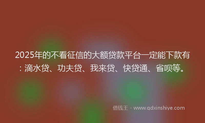2025年的不看征信的大额贷款平台一定能下款有：滴水贷、功夫贷、我来贷、快贷通、省呗等。