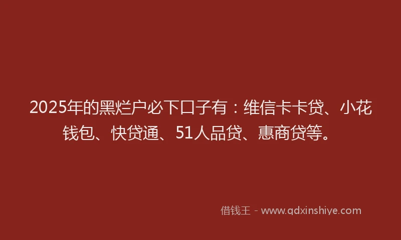 2025年的黑烂户必下口子有：维信卡卡贷、小花钱包、快贷通、51人品贷、惠商贷等。
