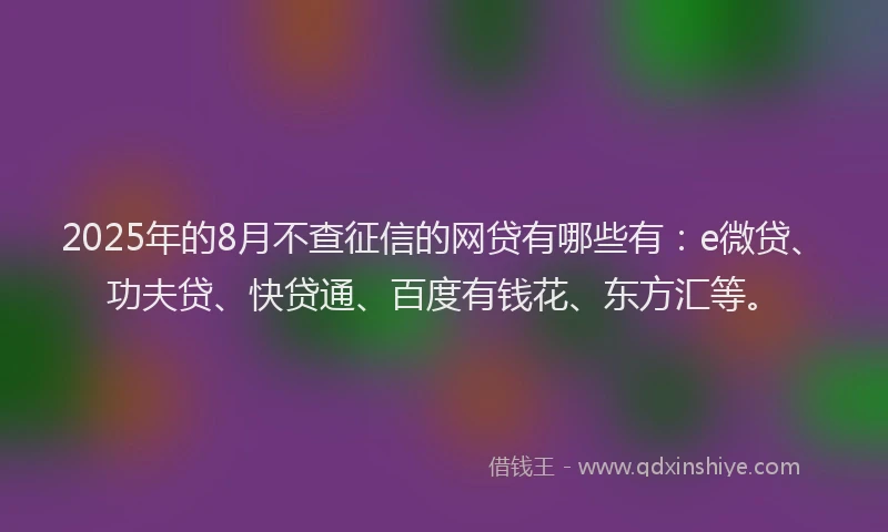 2025年的8月不查征信的网贷有哪些有：e微贷、功夫贷、快贷通、百度有钱花、东方汇等。