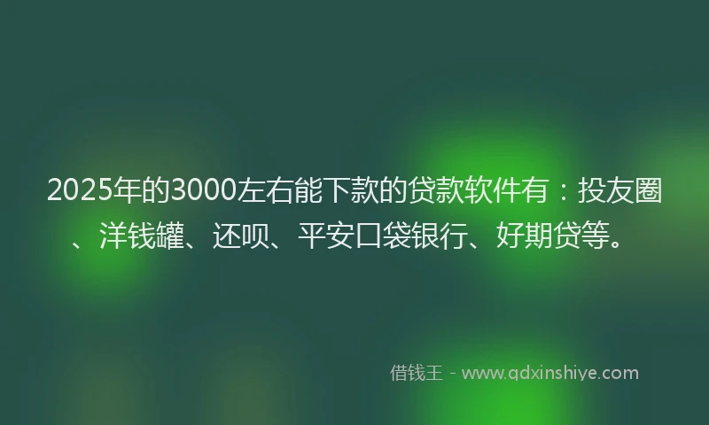2025年的3000左右能下款的贷款软件有：投友圈、洋钱罐、还呗、平安口袋银行、好期贷等。