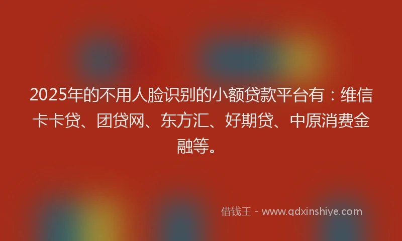 2025年的不用人脸识别的小额贷款平台有：维信卡卡贷、团贷网、东方汇、好期贷、中原消费金融等。