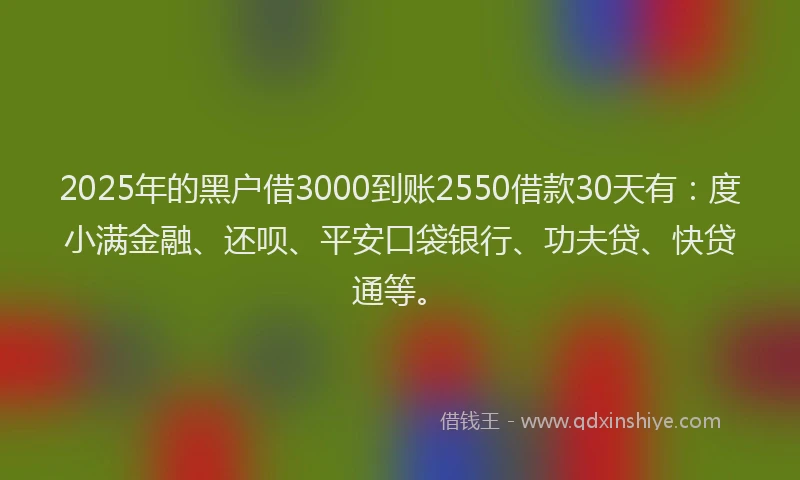 2025年的黑户借3000到账2550借款30天有：度小满金融、还呗、平安口袋银行、功夫贷、快贷通等。