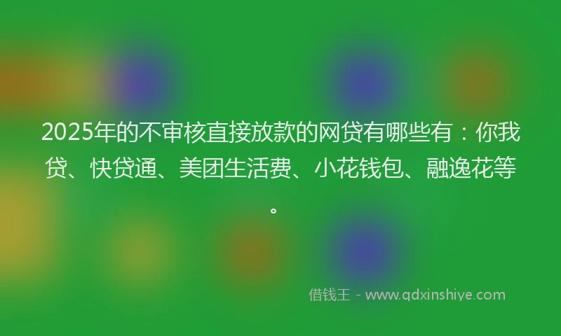 2025年的不审核直接放款的网贷有哪些有：你我贷、快贷通、美团生活费、小花钱包、融逸花等。