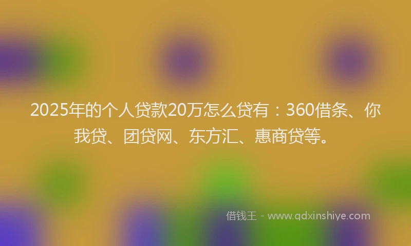 2025年的个人贷款20万怎么贷有：360借条、你我贷、团贷网、东方汇、惠商贷等。