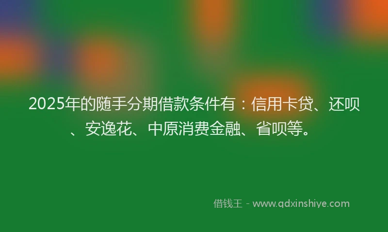 2025年的随手分期借款条件有：信用卡贷、还呗、安逸花、中原消费金融、省呗等。
