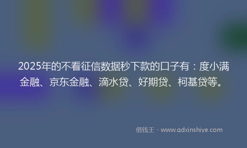 2025年的不看征信数据秒下款的口子有：度小满金融、京东金融、滴水贷、好期贷、柯基贷等。
