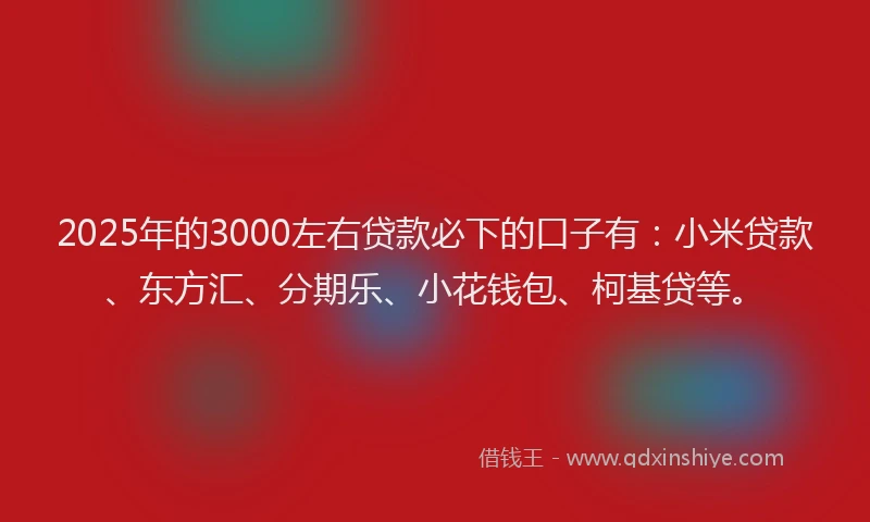 2025年的3000左右贷款必下的口子有：小米贷款、东方汇、分期乐、小花钱包、柯基贷等。