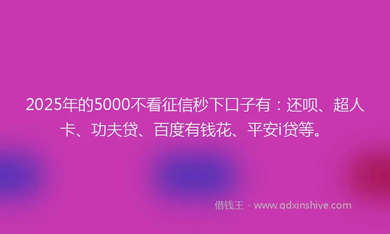 2025年的5000不看征信秒下口子有：还呗、超人卡、功夫贷、百度有钱花、平安i贷等。