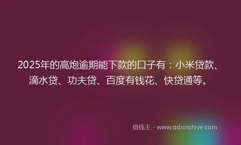 2025年的高炮逾期能下款的口子有：小米贷款、滴水贷、功夫贷、百度有钱花、快贷通等。