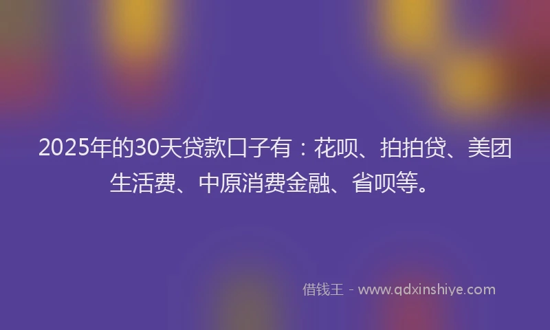 2025年的30天贷款口子有：花呗、拍拍贷、美团生活费、中原消费金融、省呗等。