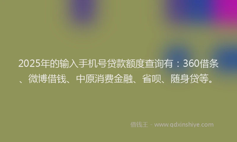 2025年的输入手机号贷款额度查询有：360借条、微博借钱、中原消费金融、省呗、随身贷等。
