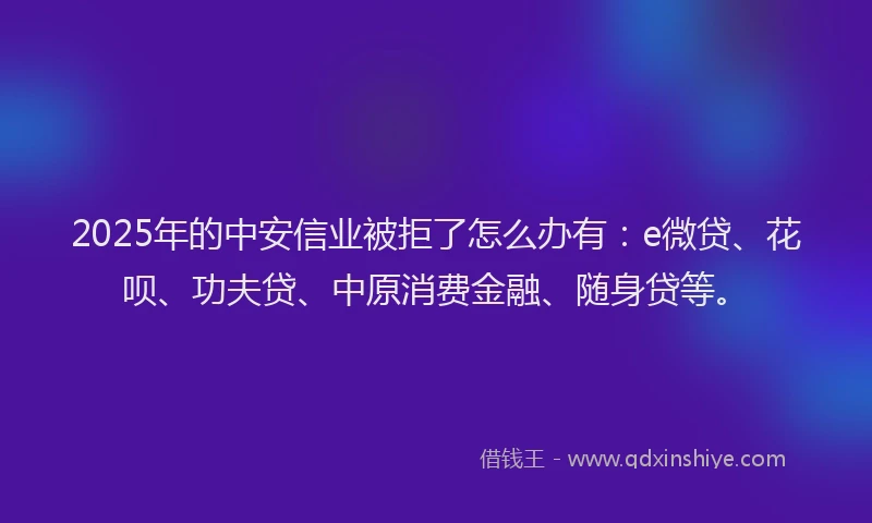 2025年的中安信业被拒了怎么办有：e微贷、花呗、功夫贷、中原消费金融、随身贷等。