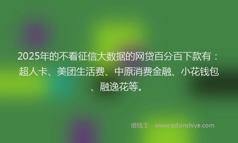 2025年的不看征信大数据的网贷百分百下款有：超人卡、美团生活费、中原消费金融、小花钱包、融逸花等。