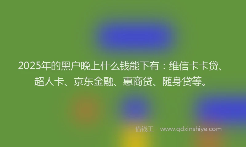 2025年的黑户晚上什么钱能下有：维信卡卡贷、超人卡、京东金融、惠商贷、随身贷等。