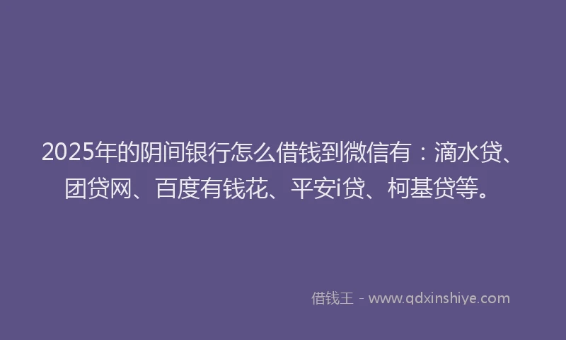 2025年的阴间银行怎么借钱到微信有：滴水贷、团贷网、百度有钱花、平安i贷、柯基贷等。