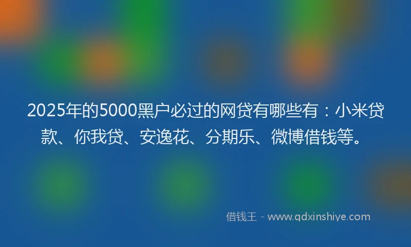 2025年的5000黑户必过的网贷有哪些有：小米贷款、你我贷、安逸花、分期乐、微博借钱等。