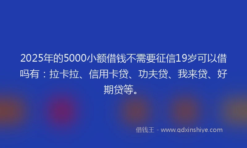 2025年的5000小额借钱不需要征信19岁可以借吗有：拉卡拉、信用卡贷、功夫贷、我来贷、好期贷等。