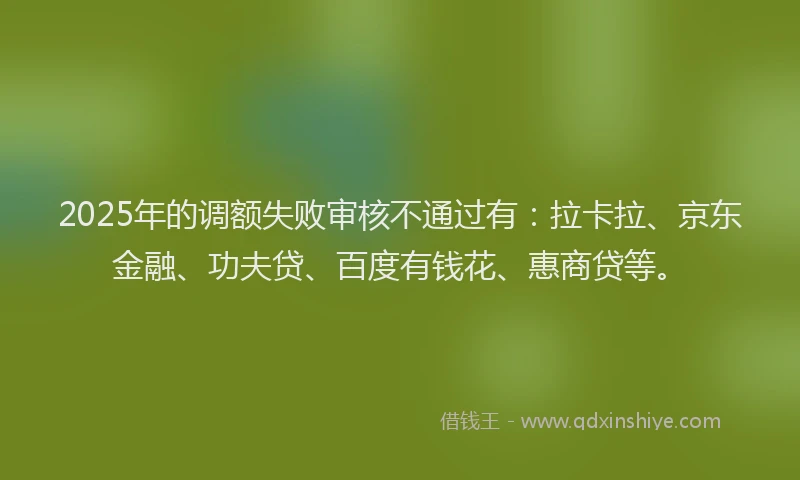 2025年的调额失败审核不通过有：拉卡拉、京东金融、功夫贷、百度有钱花、惠商贷等。