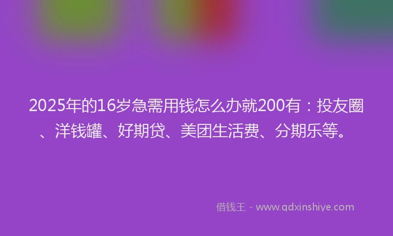 2025年的16岁急需用钱怎么办就200有：投友圈、洋钱罐、好期贷、美团生活费、分期乐等。