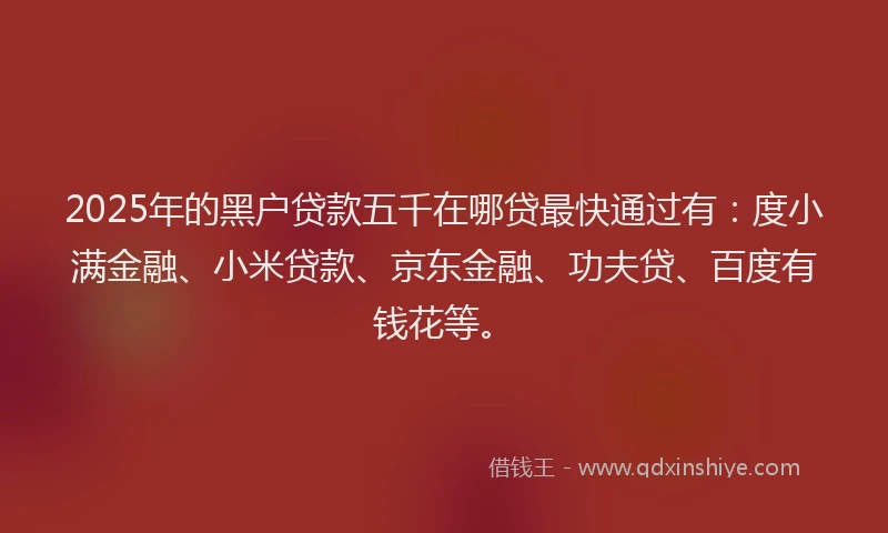 2025年的黑户贷款五千在哪贷最快通过有：度小满金融、小米贷款、京东金融、功夫贷、百度有钱花等。