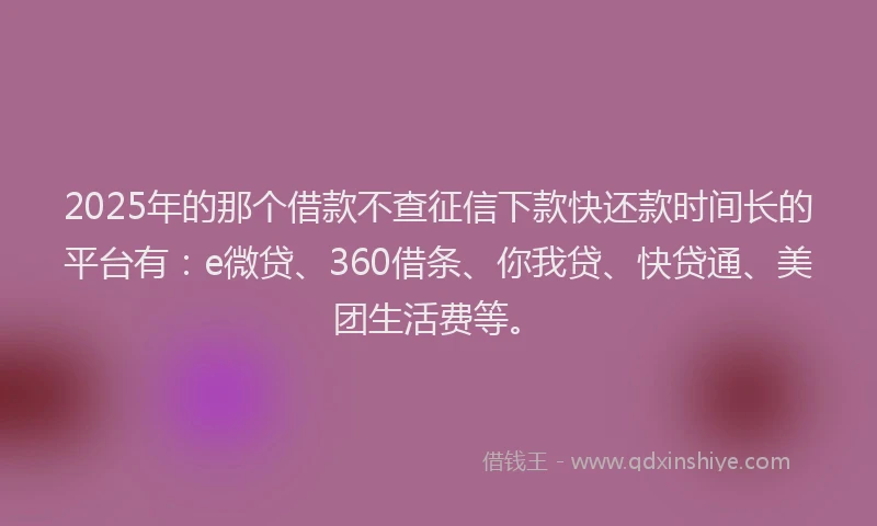 2025年的那个借款不查征信下款快还款时间长的平台有：e微贷、360借条、你我贷、快贷通、美团生活费等。
