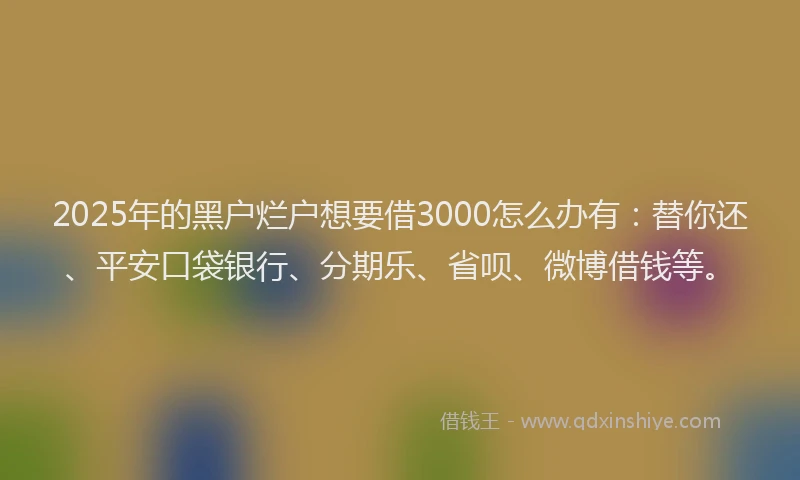 2025年的黑户烂户想要借3000怎么办有：替你还、平安口袋银行、分期乐、省呗、微博借钱等。