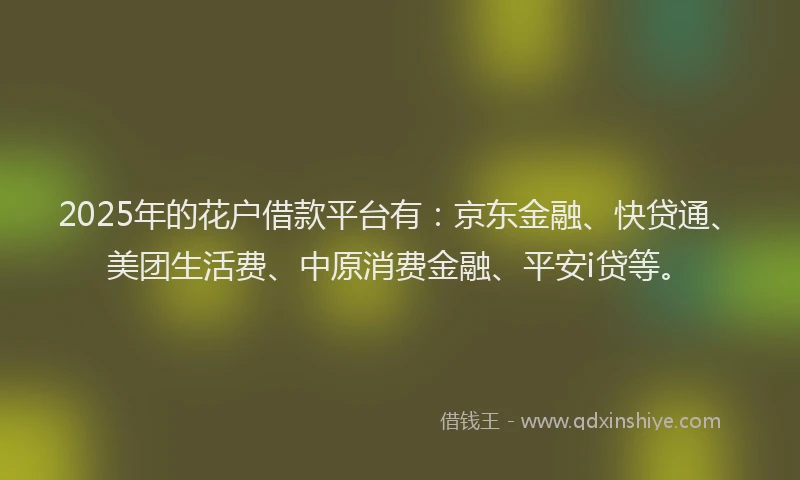 2025年的花户借款平台有：京东金融、快贷通、美团生活费、中原消费金融、平安i贷等。