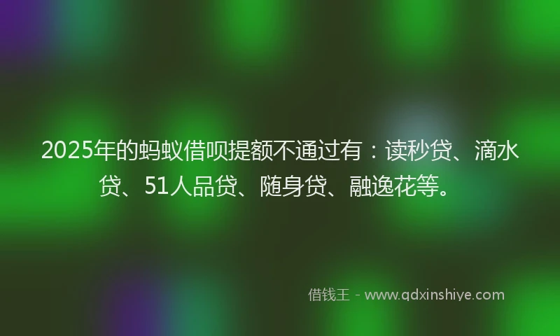 2025年的蚂蚁借呗提额不通过有：读秒贷、滴水贷、51人品贷、随身贷、融逸花等。