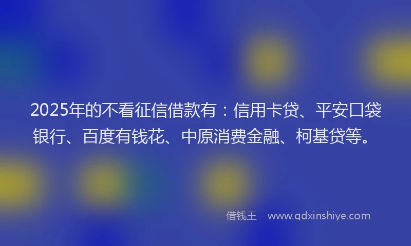 2025年的不看征信借款有：信用卡贷、平安口袋银行、百度有钱花、中原消费金融、柯基贷等。