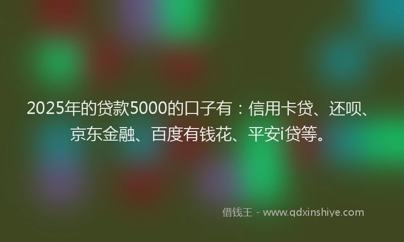 2025年的贷款5000的口子有：信用卡贷、还呗、京东金融、百度有钱花、平安i贷等。