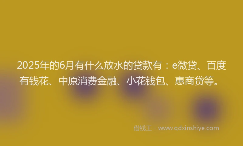 2025年的6月有什么放水的贷款有：e微贷、百度有钱花、中原消费金融、小花钱包、惠商贷等。
