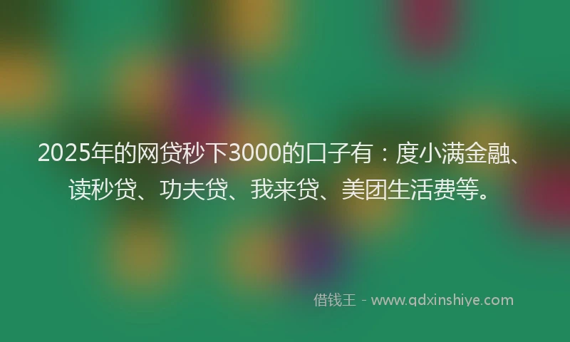 2025年的网贷秒下3000的口子有：度小满金融、读秒贷、功夫贷、我来贷、美团生活费等。
