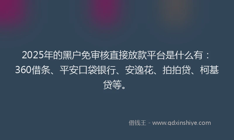 2025年的黑户免审核直接放款平台是什么有：360借条、平安口袋银行、安逸花、拍拍贷、柯基贷等。