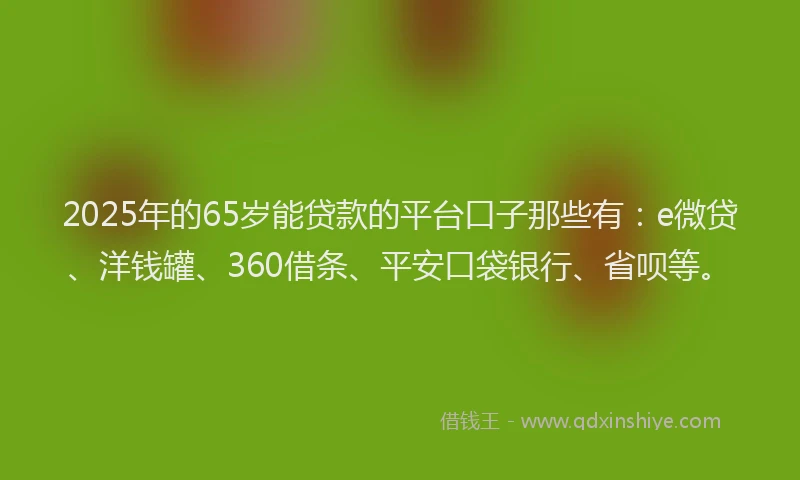 2025年的65岁能贷款的平台口子那些有：e微贷、洋钱罐、360借条、平安口袋银行、省呗等。
