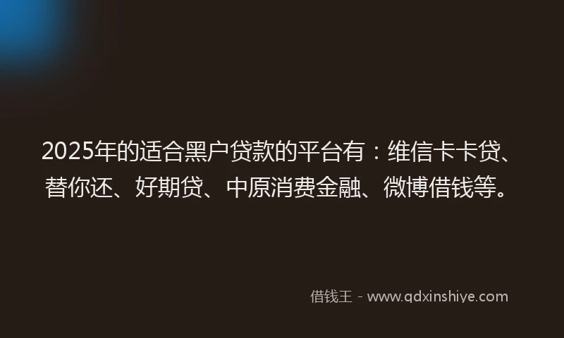 2025年的适合黑户贷款的平台有：维信卡卡贷、替你还、好期贷、中原消费金融、微博借钱等。