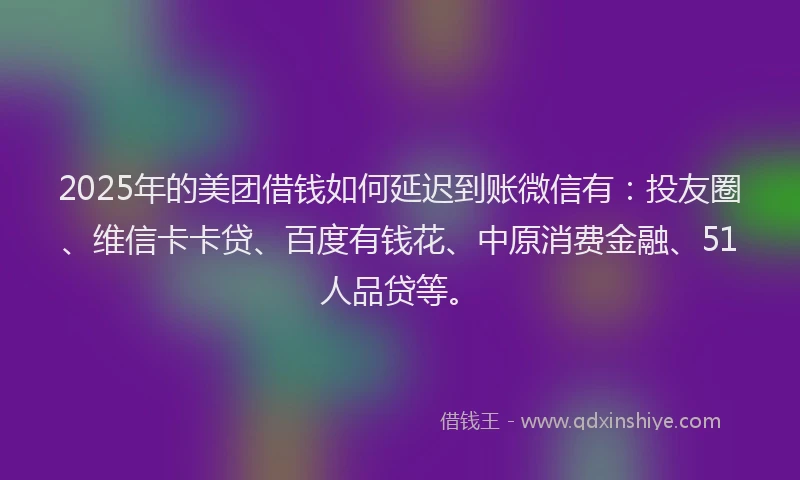 2025年的美团借钱如何延迟到账微信有：投友圈、维信卡卡贷、百度有钱花、中原消费金融、51人品贷等。