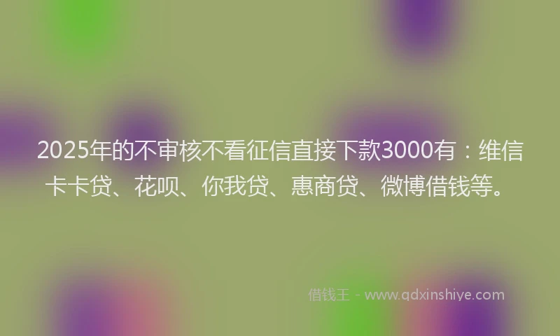 2025年的不审核不看征信直接下款3000有：维信卡卡贷、花呗、你我贷、惠商贷、微博借钱等。