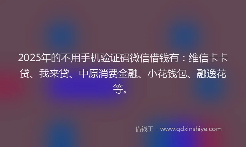 2025年的不用手机验证码微信借钱有：维信卡卡贷、我来贷、中原消费金融、小花钱包、融逸花等。