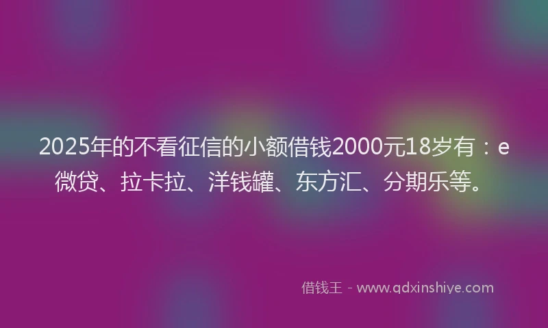2025年的不看征信的小额借钱2000元18岁有：e微贷、拉卡拉、洋钱罐、东方汇、分期乐等。
