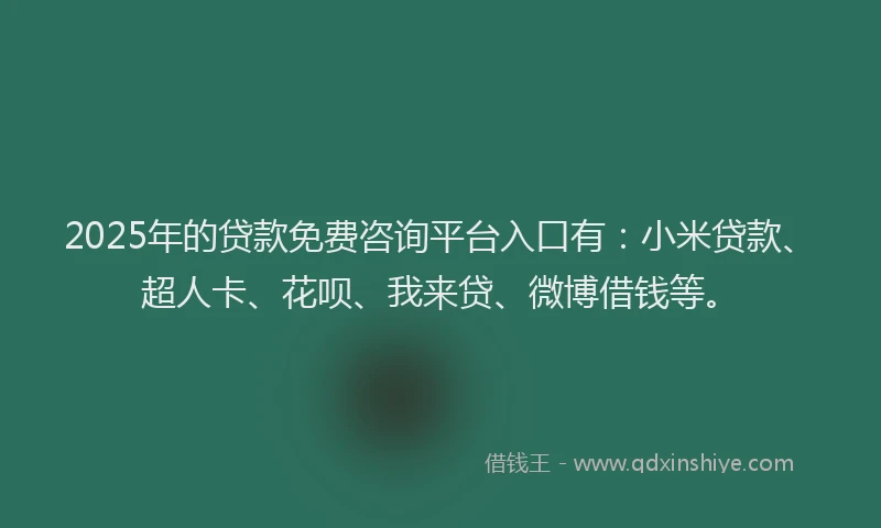 2025年的贷款免费咨询平台入口有：小米贷款、超人卡、花呗、我来贷、微博借钱等。