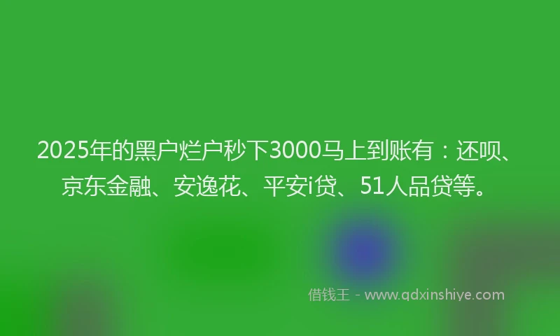 2025年的黑户烂户秒下3000马上到账有：还呗、京东金融、安逸花、平安i贷、51人品贷等。