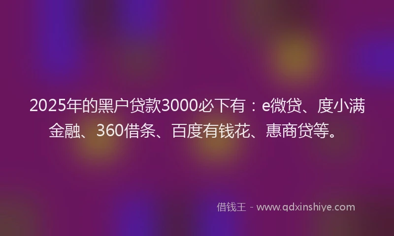 2025年的黑户贷款3000必下有：e微贷、度小满金融、360借条、百度有钱花、惠商贷等。