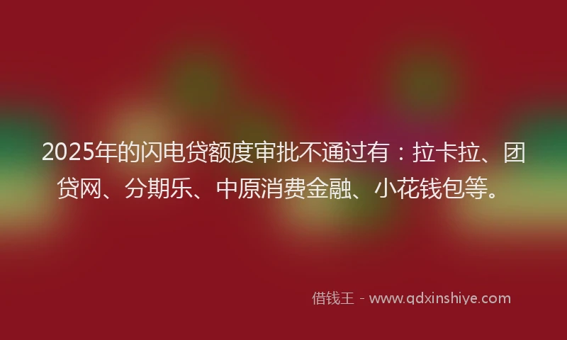 2025年的闪电贷额度审批不通过有：拉卡拉、团贷网、分期乐、中原消费金融、小花钱包等。